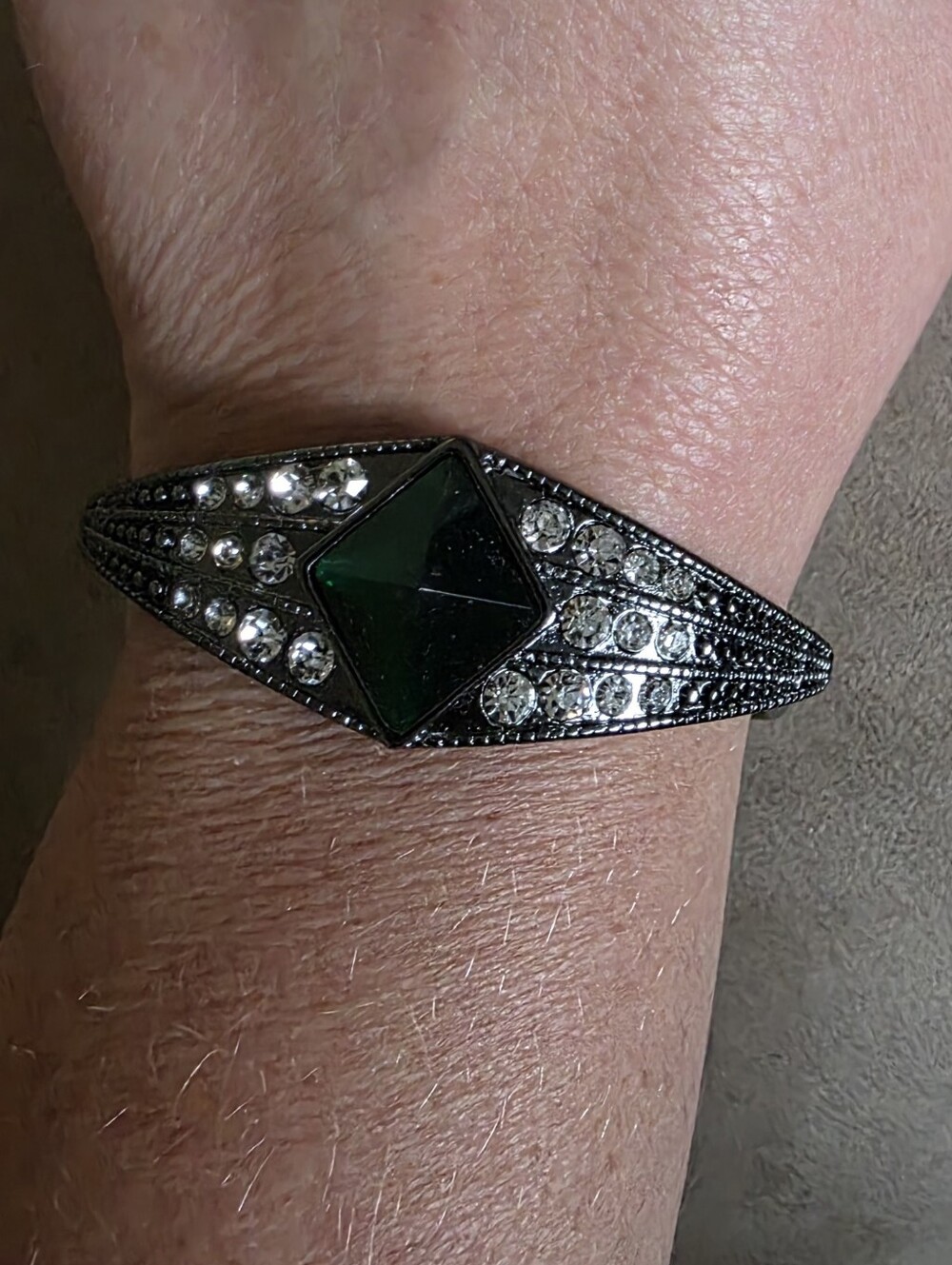 Black Cuff Bracelet Green Pendant